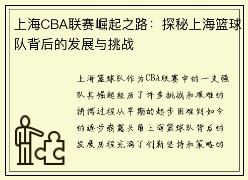 上海CBA联赛崛起之路：探秘上海篮球队背后的发展与挑战