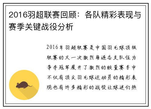 2016羽超联赛回顾：各队精彩表现与赛季关键战役分析